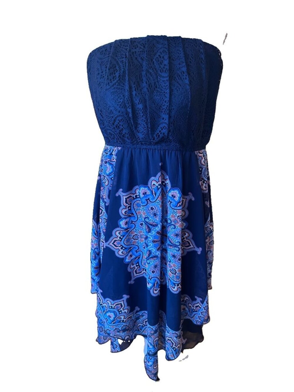 Maurices Strapless Dress Navy  Crochet Top Boho Print Scarf Skirt Large Cowgirl